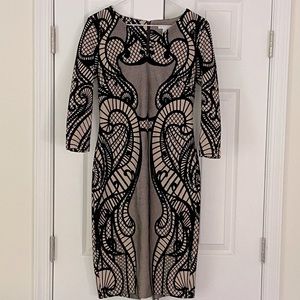 New York & Company Tan and Black Ornate Patterned Midi Dress with 3/4 sleeves